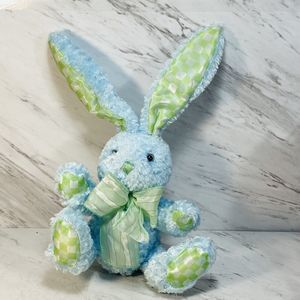 Dan Dee Blue Bunny Collectors Choice Plush 12" Posable Ears Plaid -Green Checks